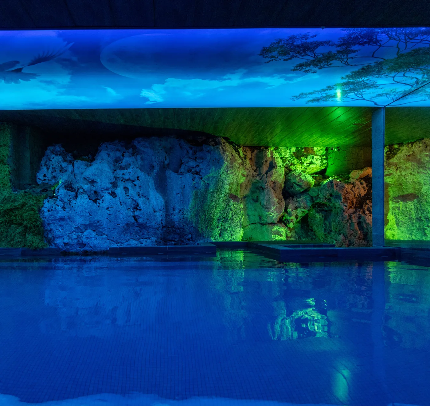 Scappa heated indoor pool with natural rock walls