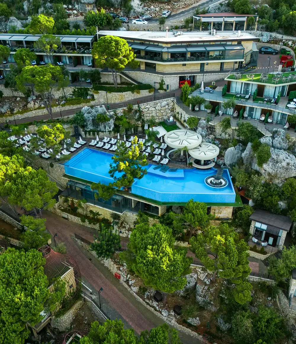 Aerial view of Scappa Resort: the infinity pool, the round lounge and the main building among the pines